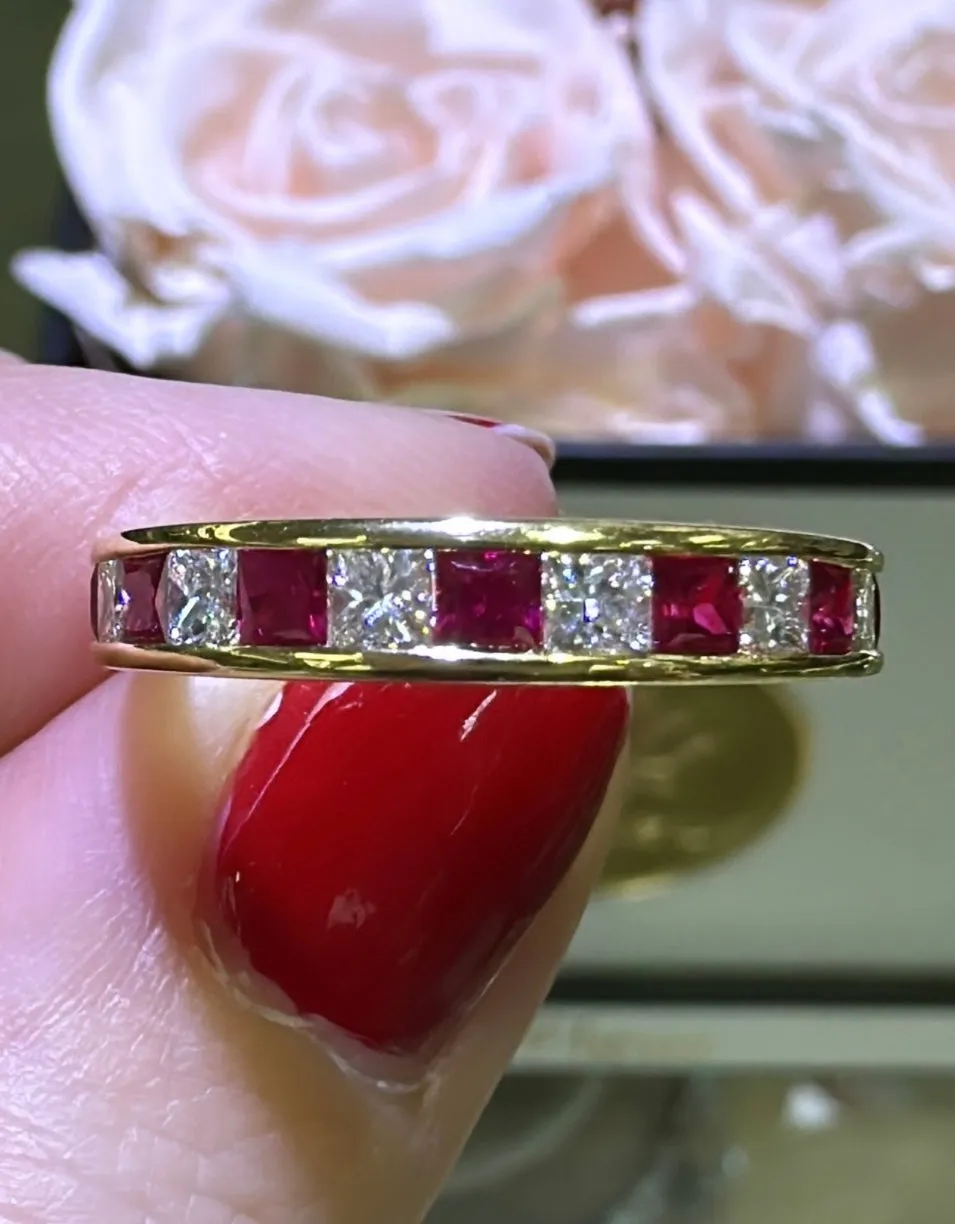 1.21carat Ladies Princess-cut Seven Stone Ruby  & Six Diamond Ring