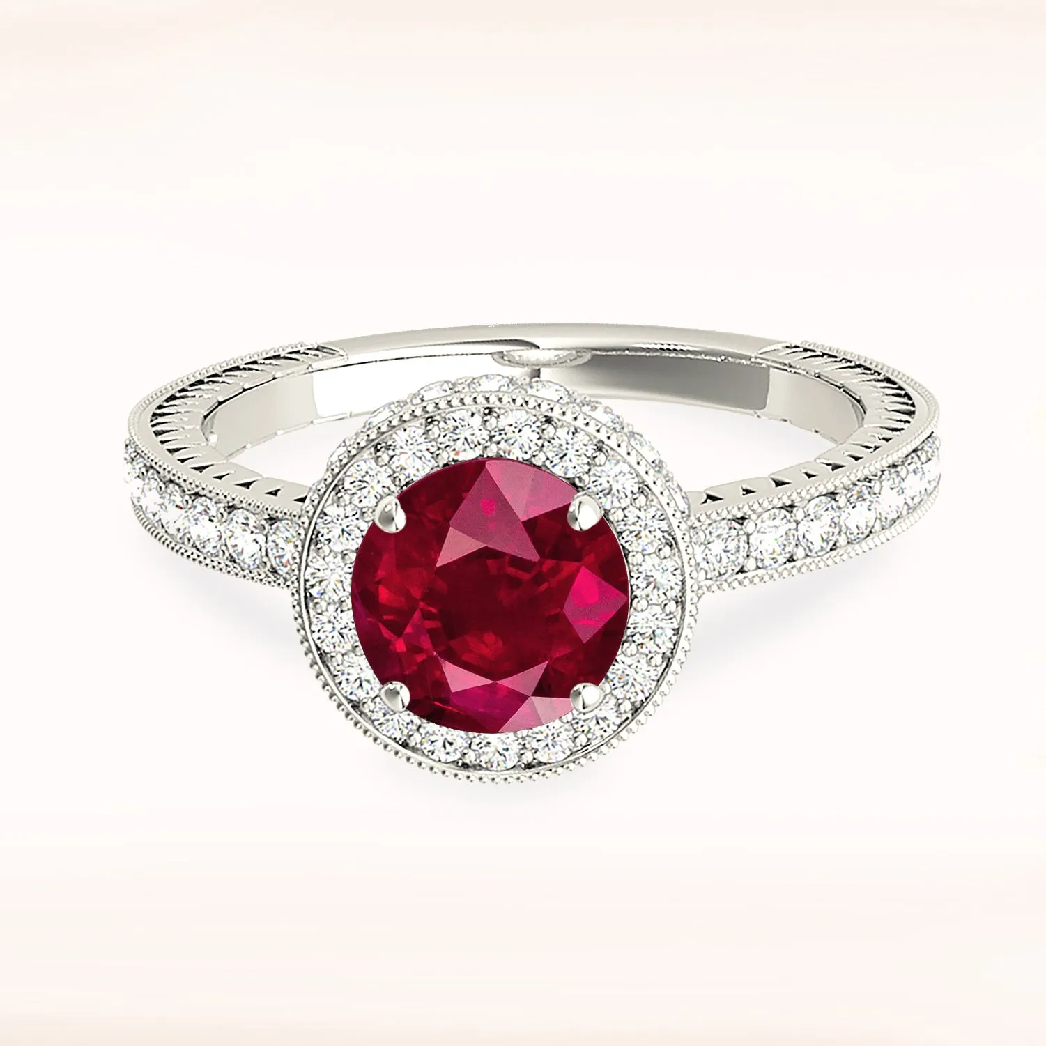 1.35 ct. Genuine Ruby Ring With Double Edge Halo And Filigree Diamond Band