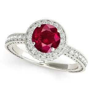 1.35 ct. Genuine Ruby Ring With Double Edge Halo And Filigree Diamond Band