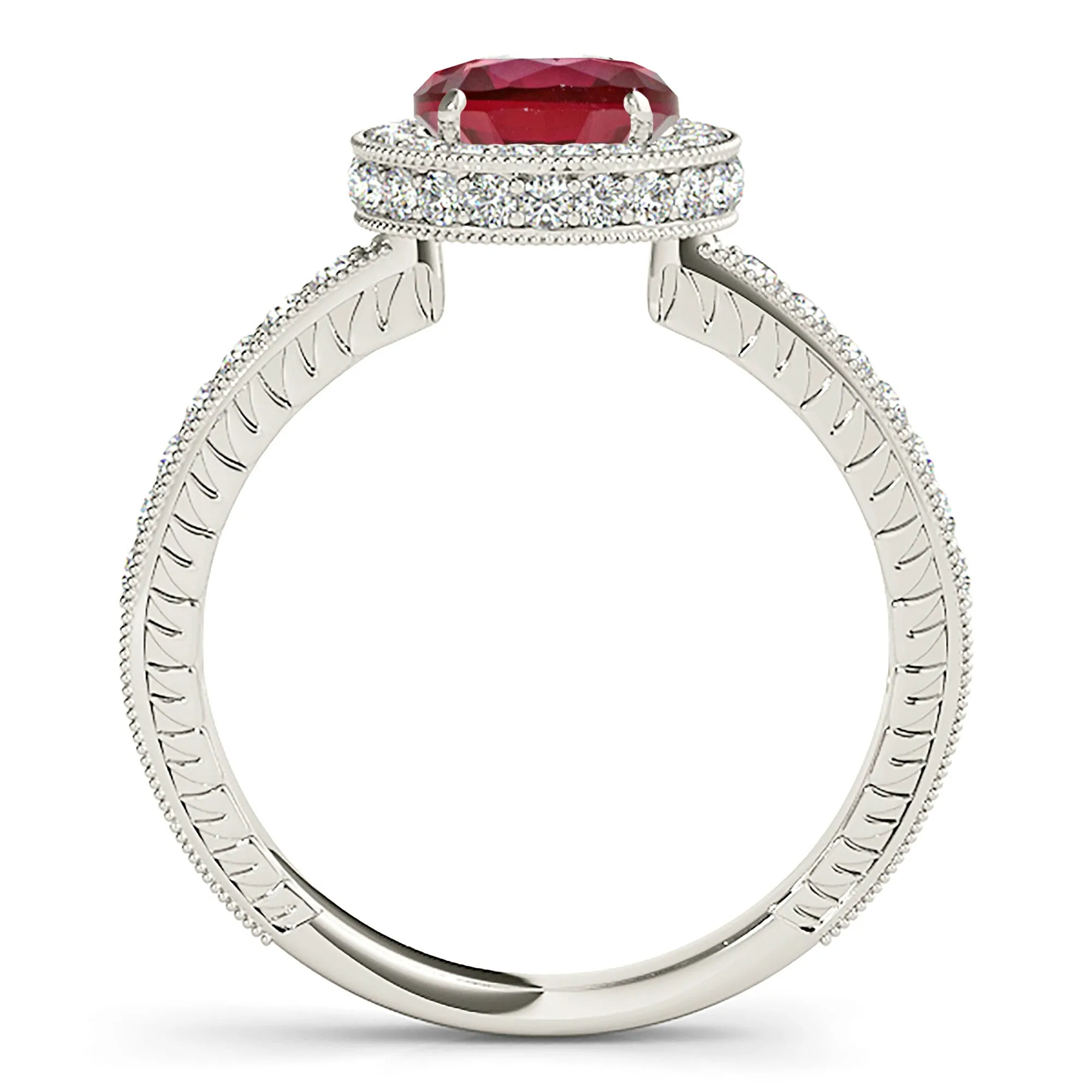 1.35 ct. Genuine Ruby Ring With Double Edge Halo And Filigree Diamond Band