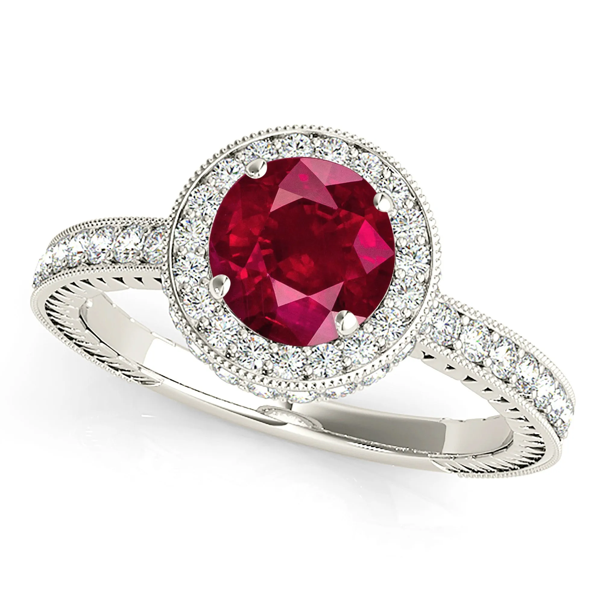 1.35 ct. Genuine Ruby Ring With Double Edge Halo And Filigree Diamond Band