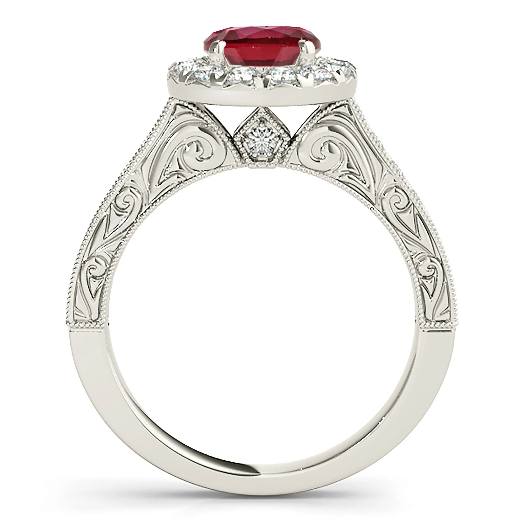 1.35 ct. Genuine Ruby Ring With Halo And Milgrain Diamond Band