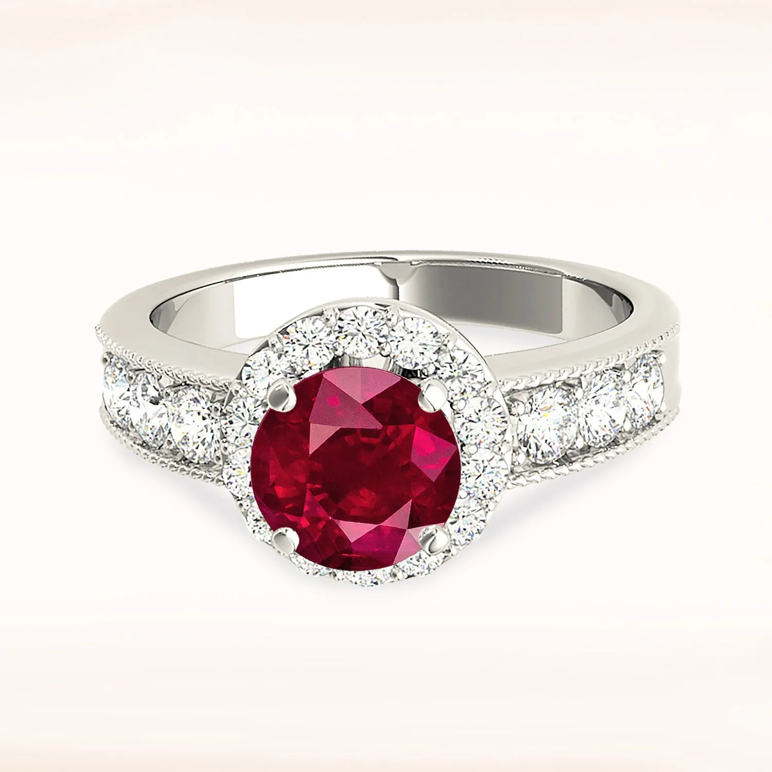 1.35 ct. Genuine Ruby Ring With Halo And Milgrain Diamond Band