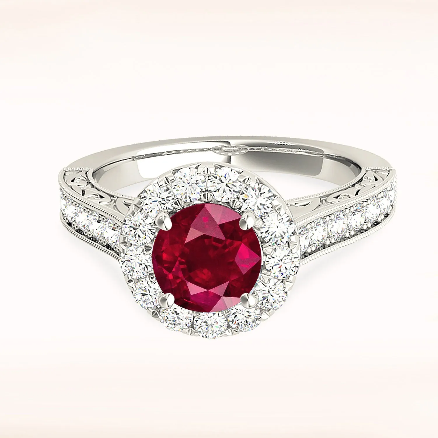 1.35 ct. Genuine Ruby Ring With Halo And Milgrain Diamond Band