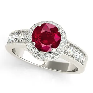 1.35 ct. Genuine Ruby Ring With Halo And Milgrain Diamond Band