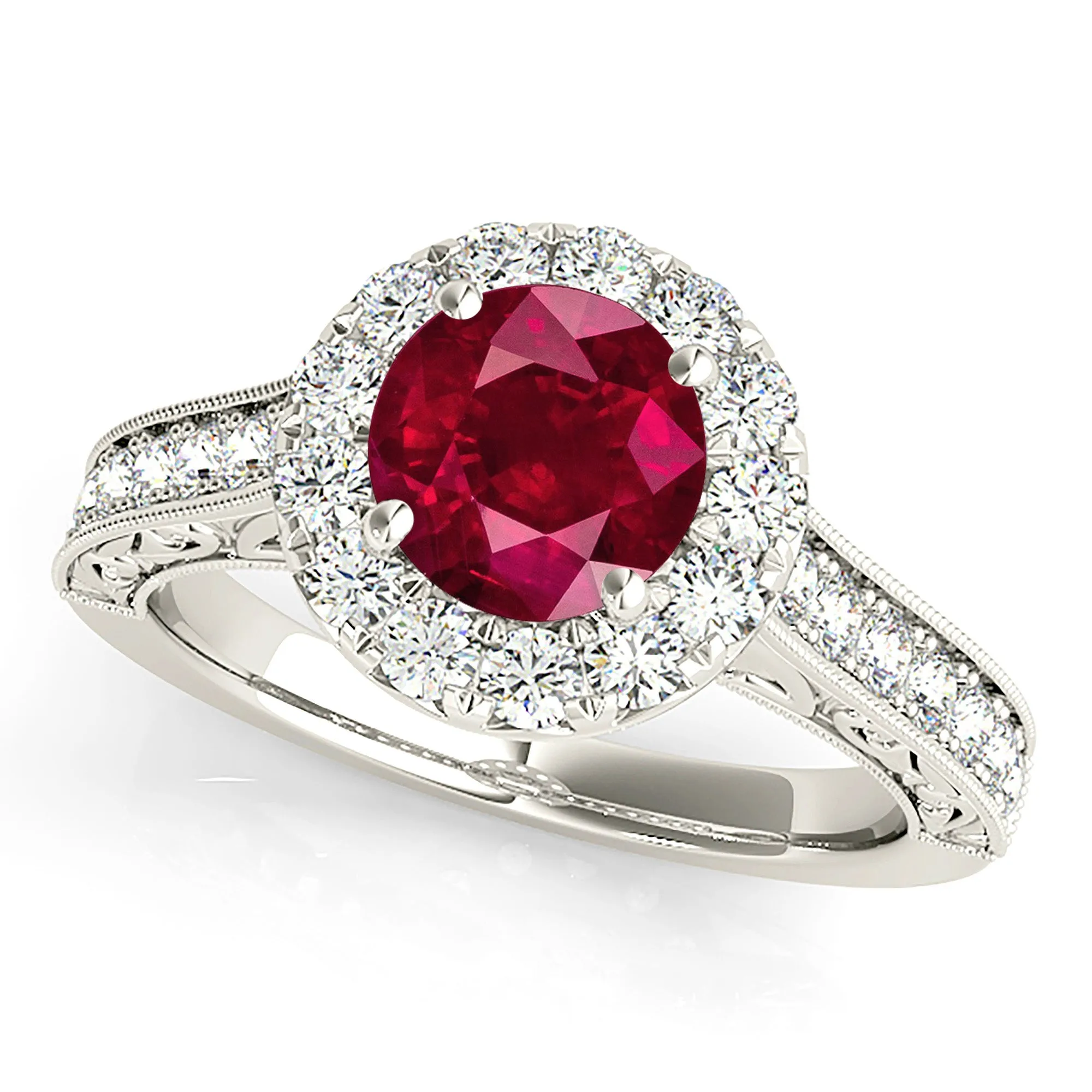 1.35 ct. Genuine Ruby Ring With Halo And Milgrain Diamond Band