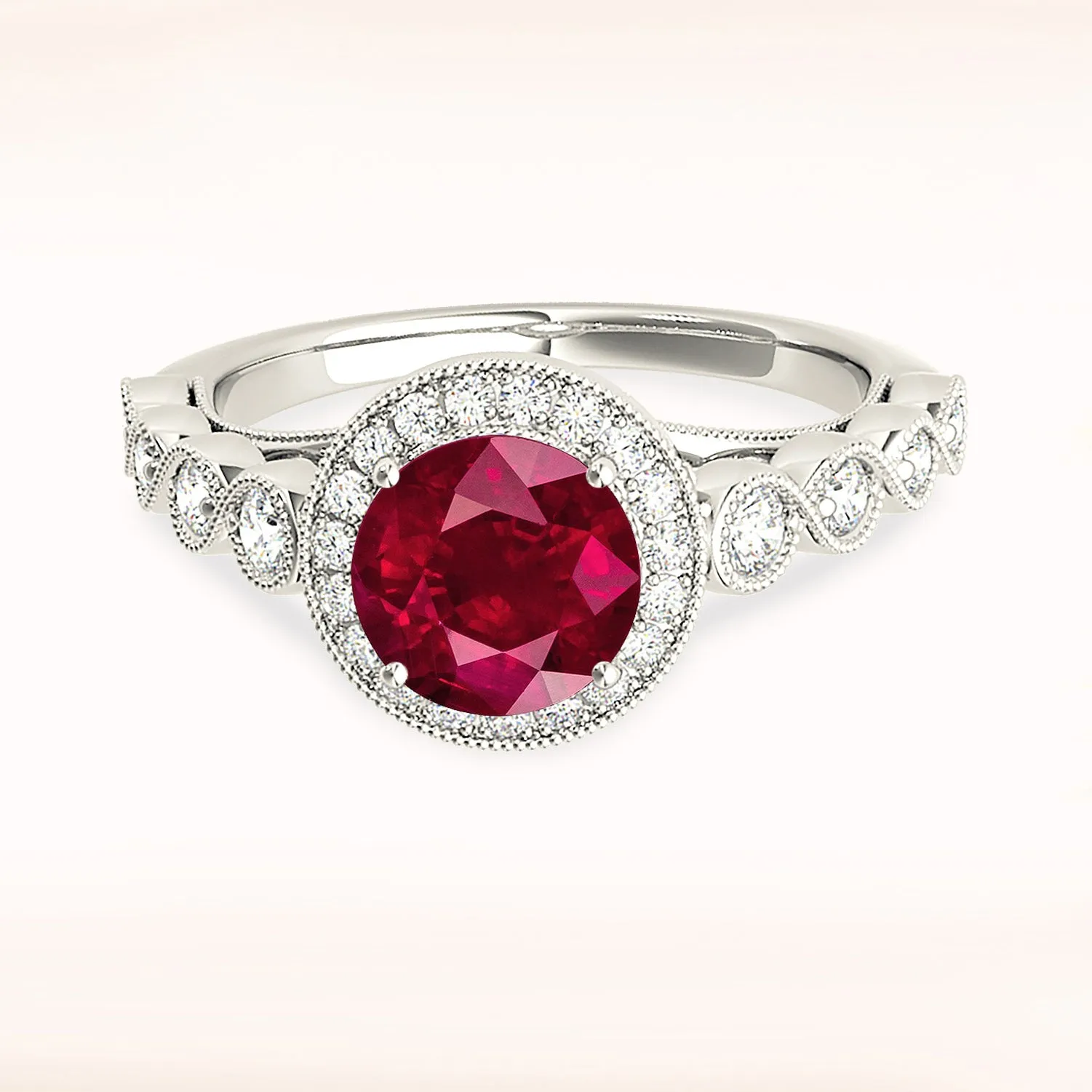 1.35 ct. Genuine Ruby Ring With Halo,Swirly Milgrain Diamond Band
