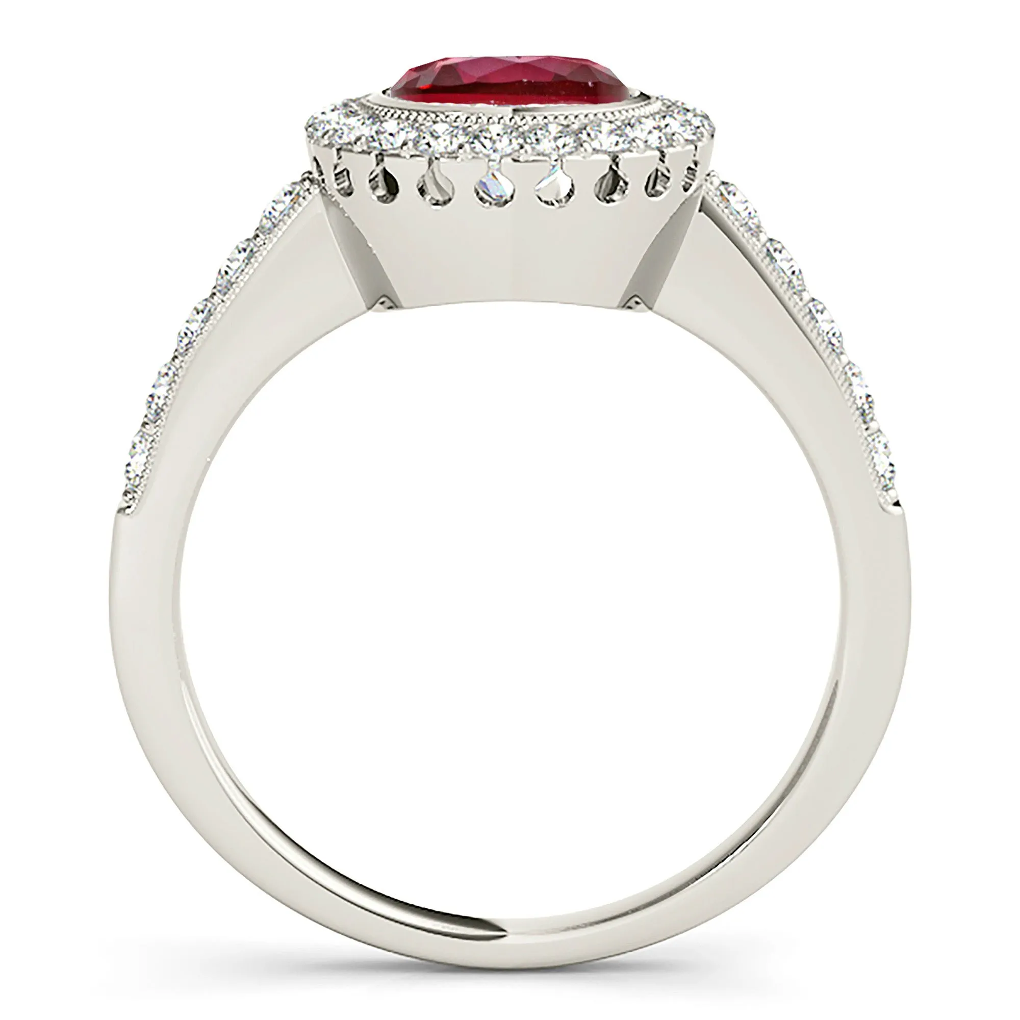 1.35 ct. Genuine Ruby Ring With Milgrain Halo And Delicate Diamond Band