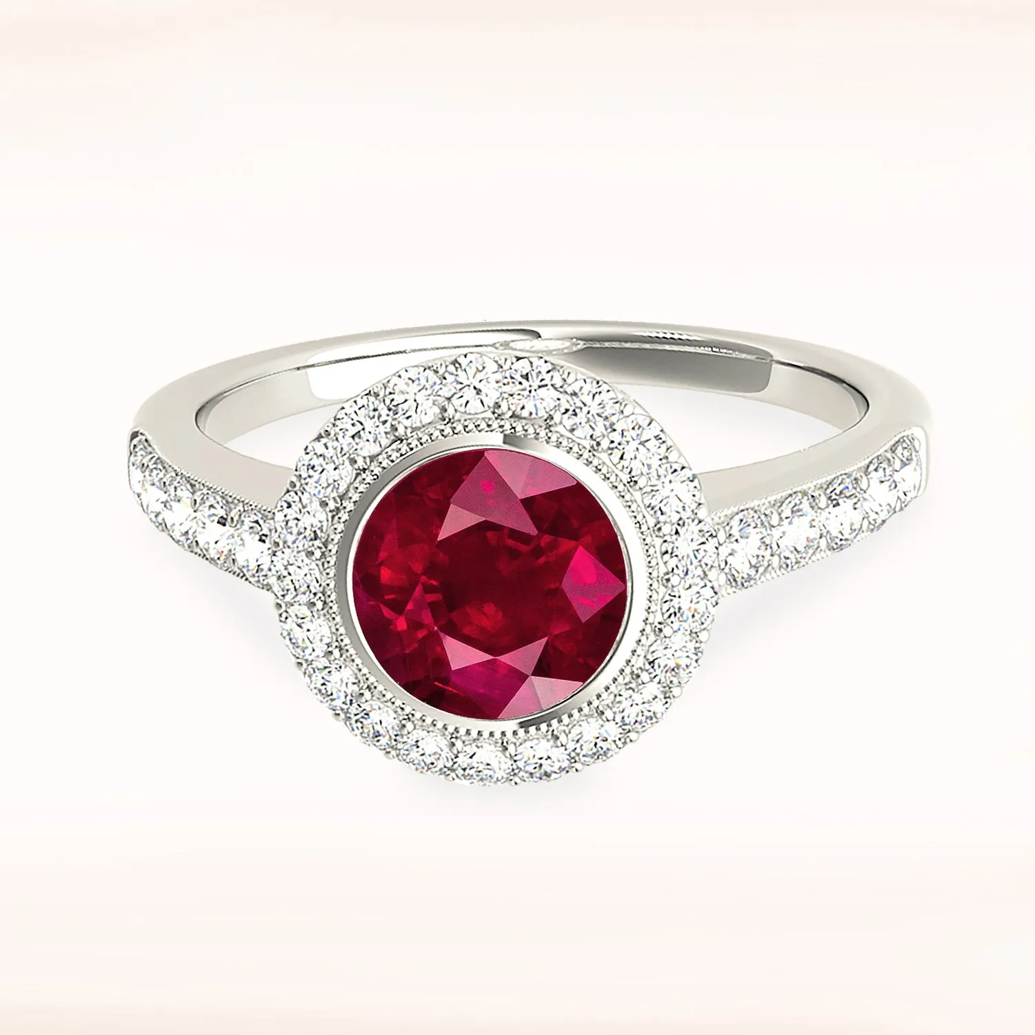 1.35 ct. Genuine Ruby Ring With Milgrain Halo And Delicate Diamond Band