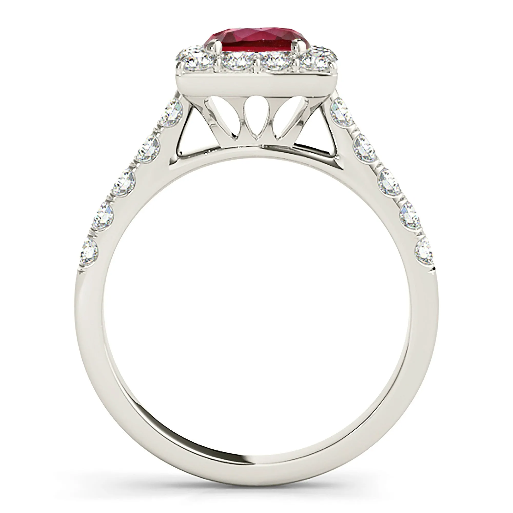 1.35 ct. Genuine Ruby Ring With Square Halo And Simple Diamond Band
