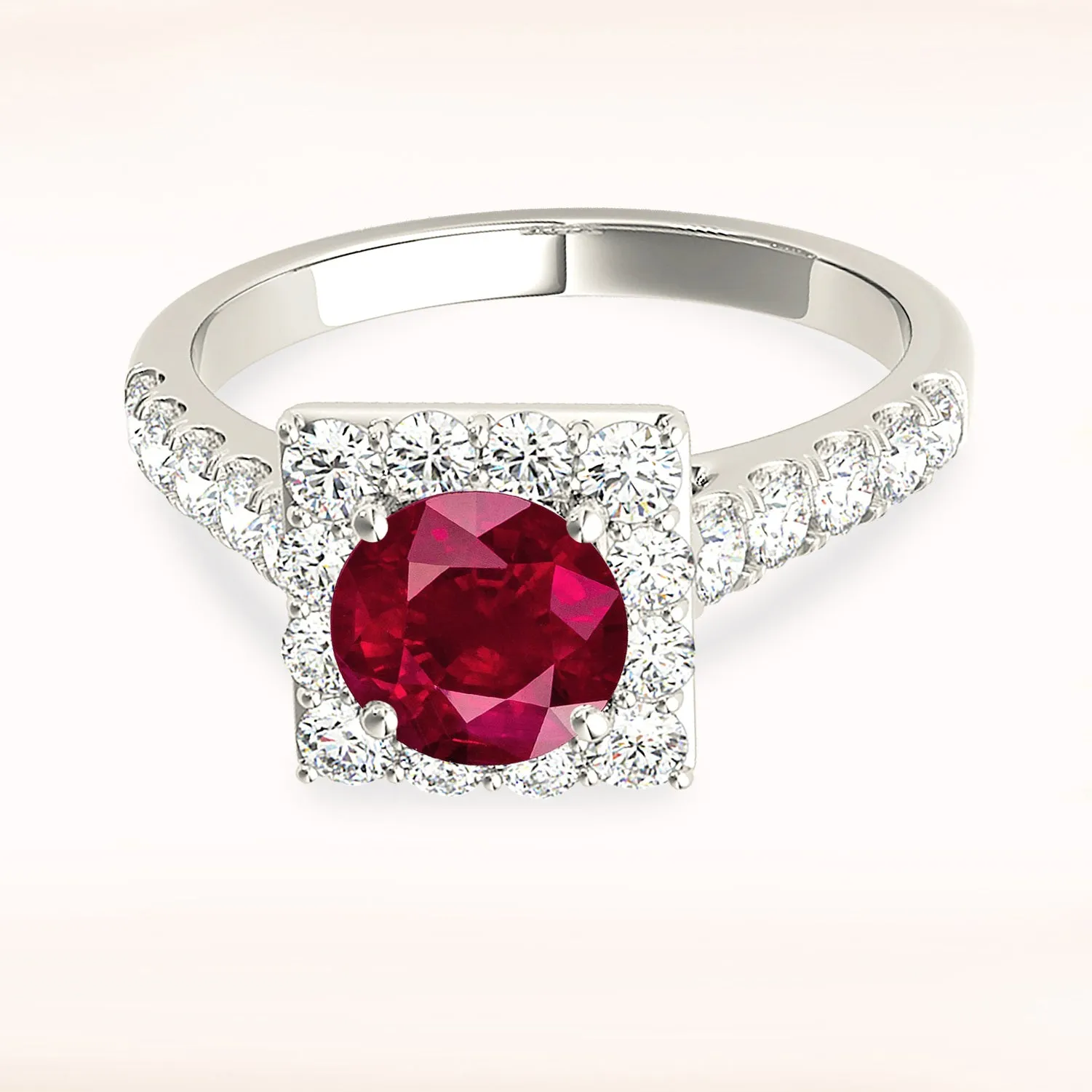 1.35 ct. Genuine Ruby Ring With Square Halo And Simple Diamond Band