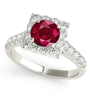 1.35 ct. Genuine Ruby Ring With Square Halo And Simple Diamond Band