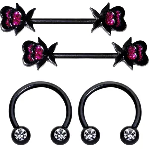 14 Gauge 5/8 1/2 Clear Gem Black Horseshoe Barbell Nipple Ring Set