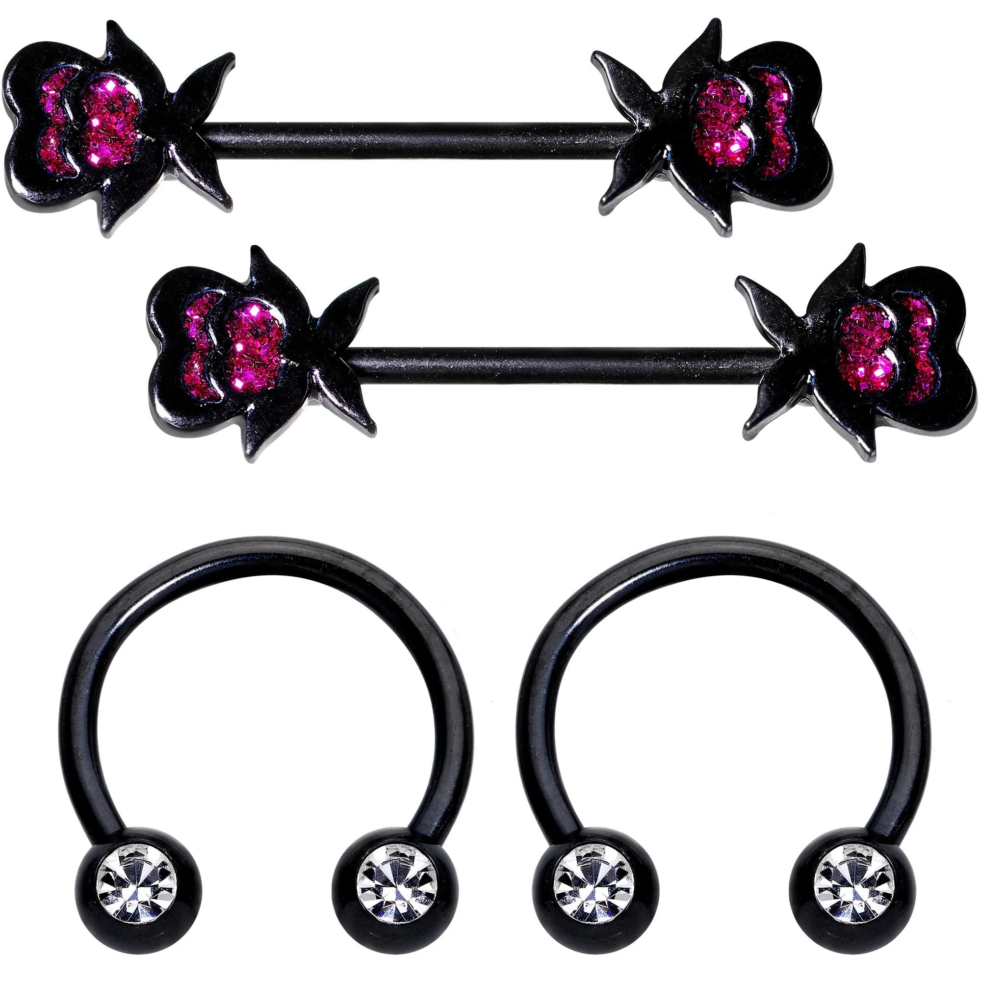 14 Gauge 5/8 1/2 Clear Gem Black Horseshoe Barbell Nipple Ring Set