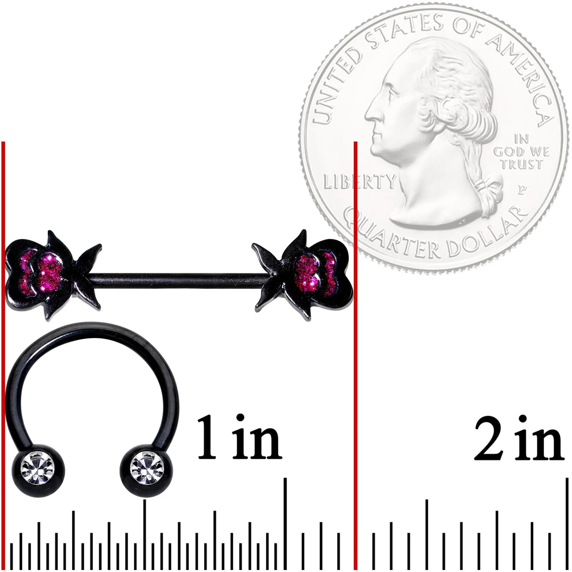 14 Gauge 5/8 1/2 Clear Gem Black Horseshoe Barbell Nipple Ring Set
