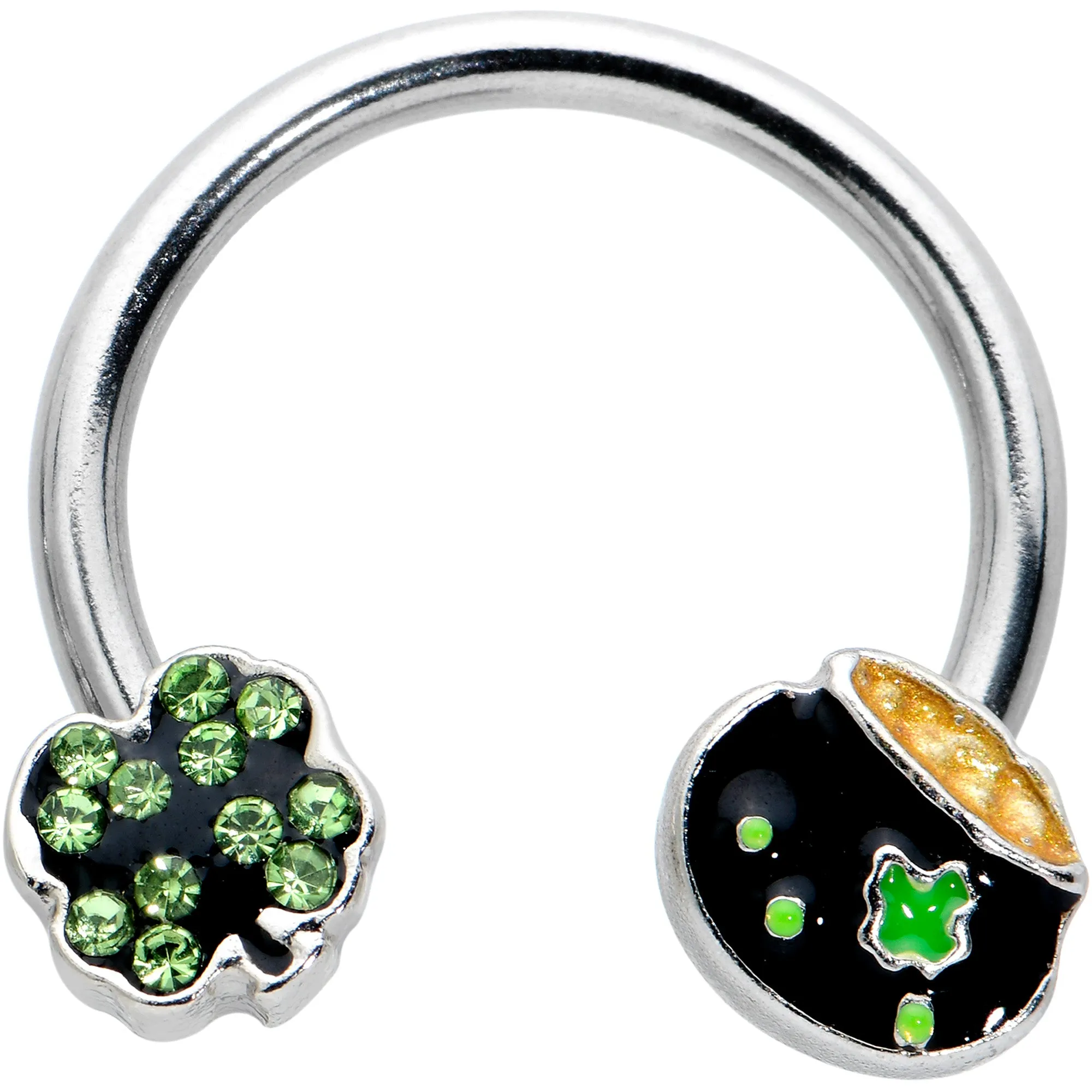 14 Gauge 9/16 Green Gem Shamrock Pot of Gold Horseshoe Nipple Ring Set