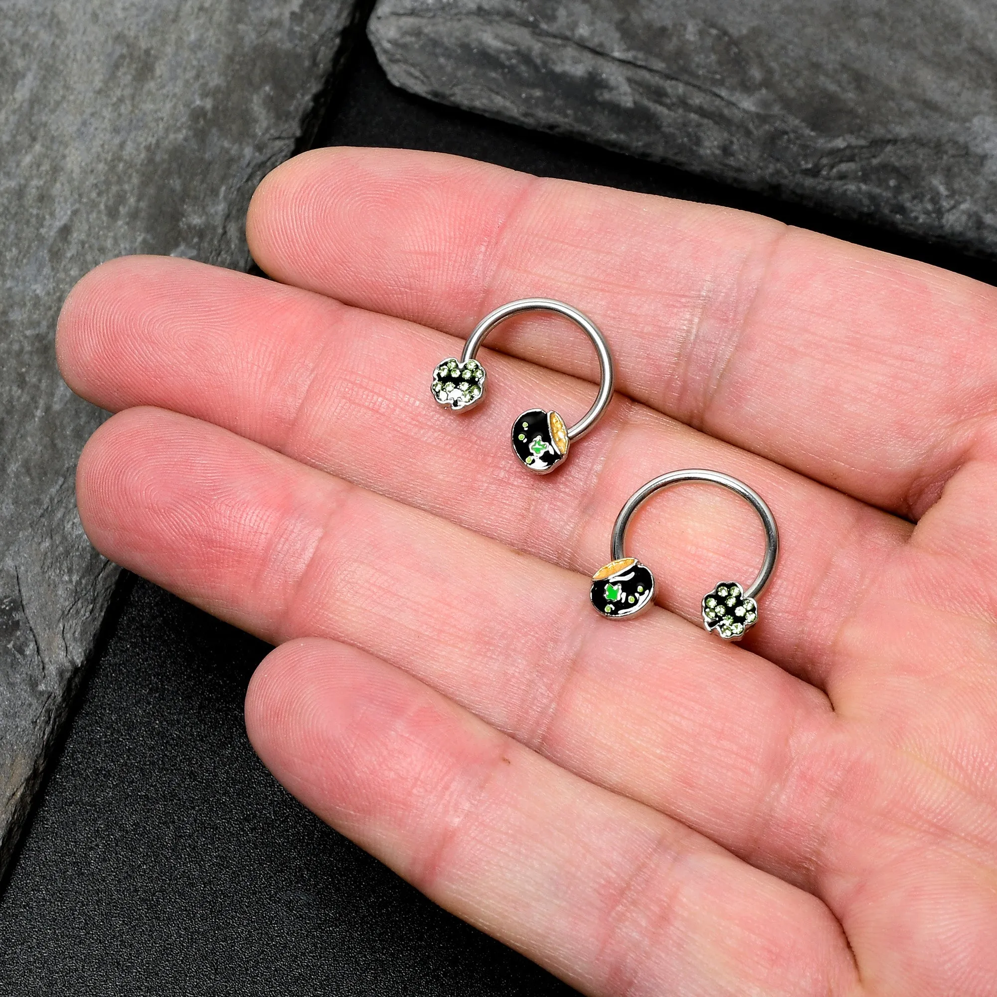 14 Gauge 9/16 Green Gem Shamrock Pot of Gold Horseshoe Nipple Ring Set