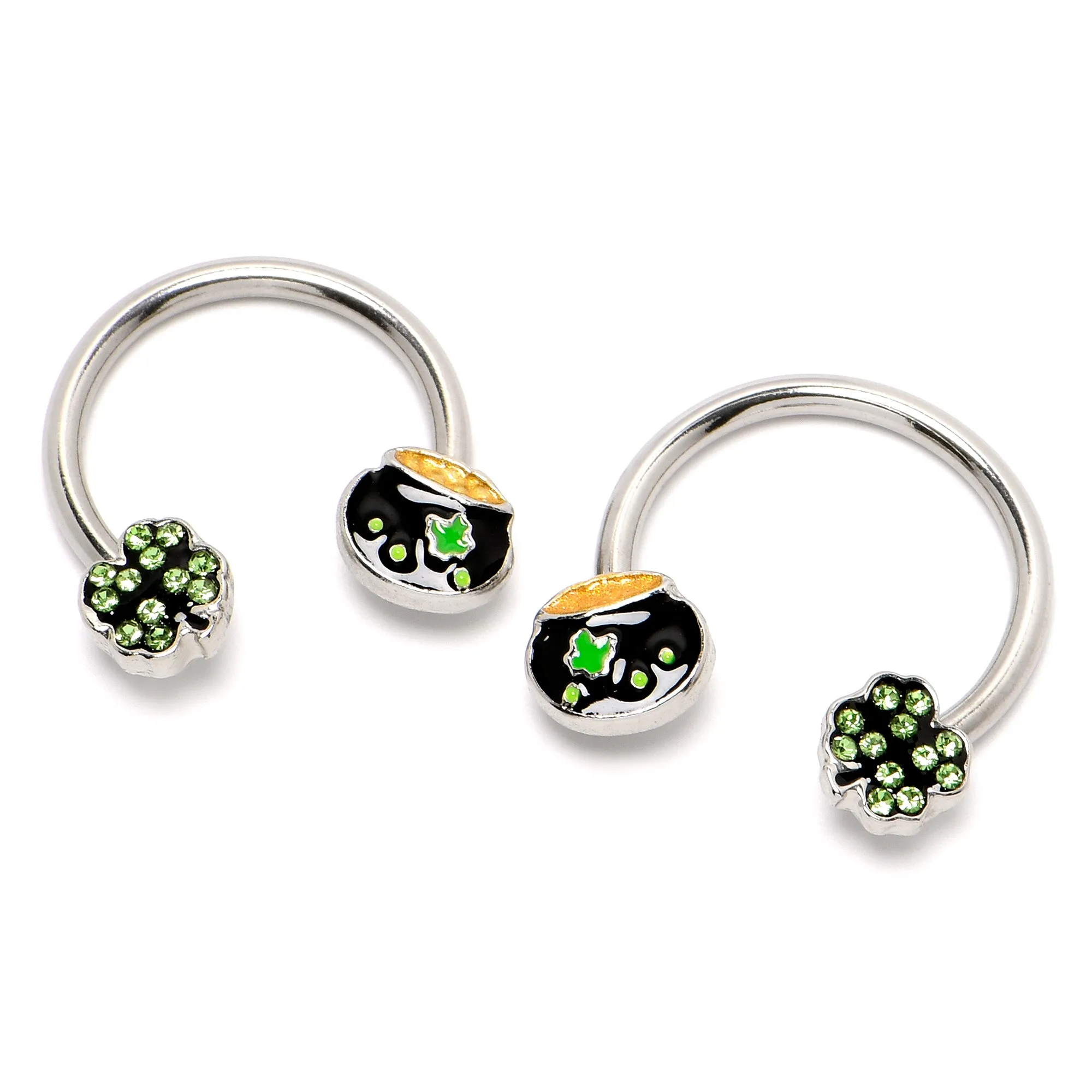 14 Gauge 9/16 Green Gem Shamrock Pot of Gold Horseshoe Nipple Ring Set