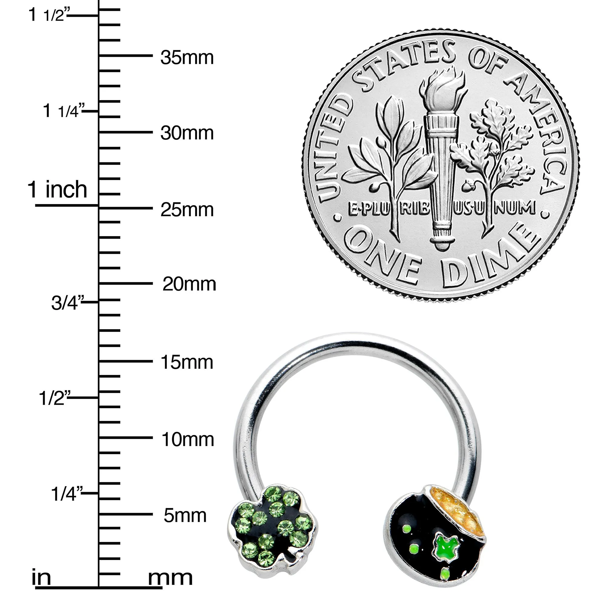 14 Gauge 9/16 Green Gem Shamrock Pot of Gold Horseshoe Nipple Ring Set