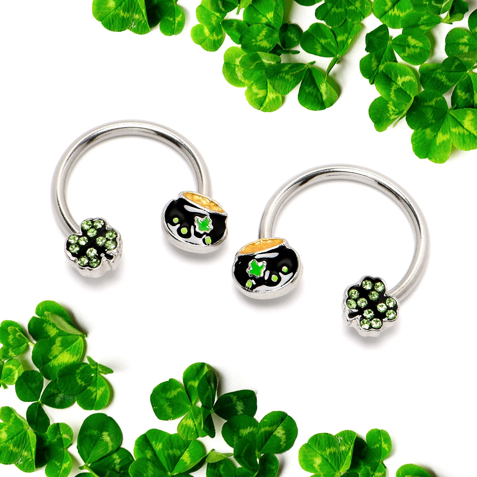 14 Gauge 9/16 Green Gem Shamrock Pot of Gold Horseshoe Nipple Ring Set