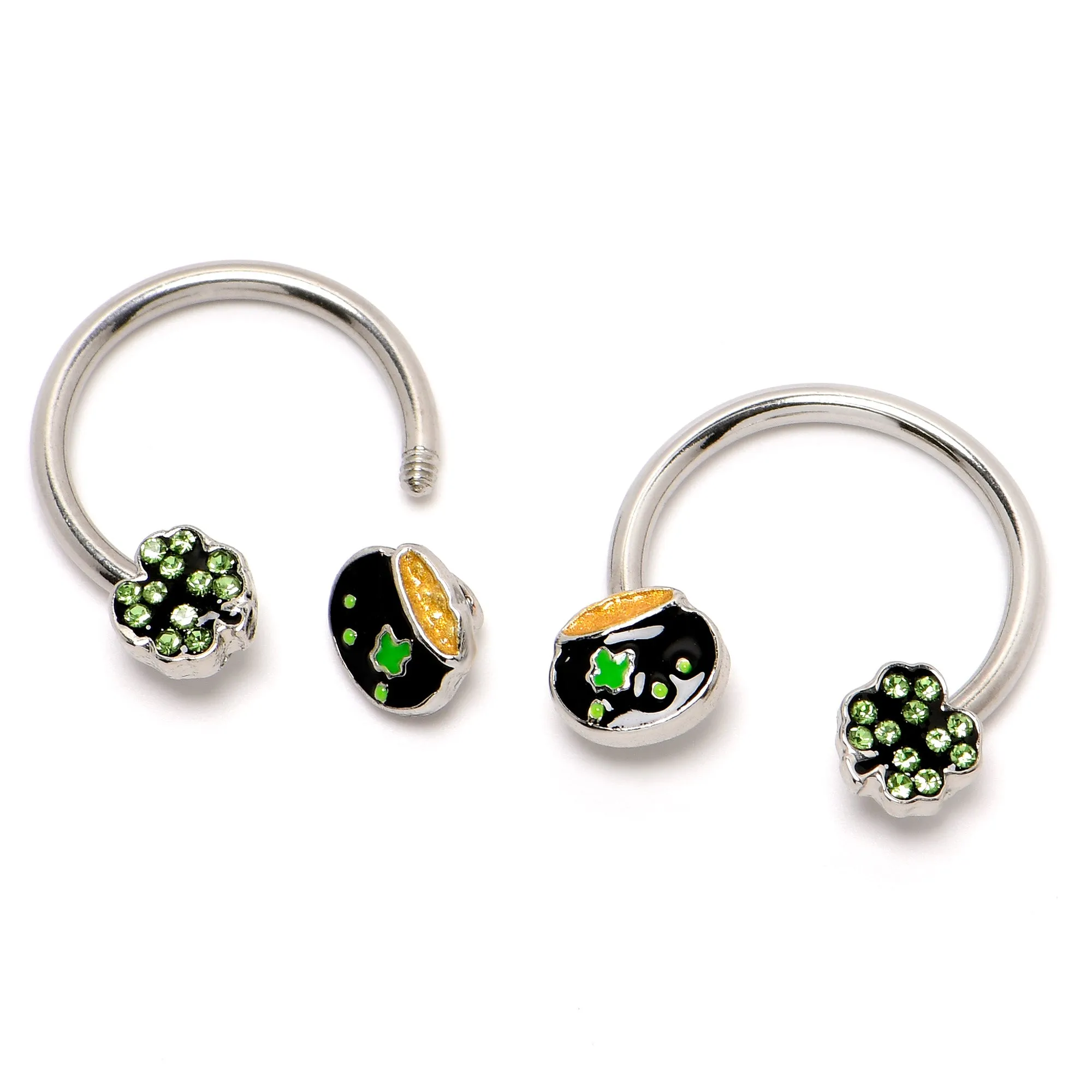 14 Gauge 9/16 Green Gem Shamrock Pot of Gold Horseshoe Nipple Ring Set