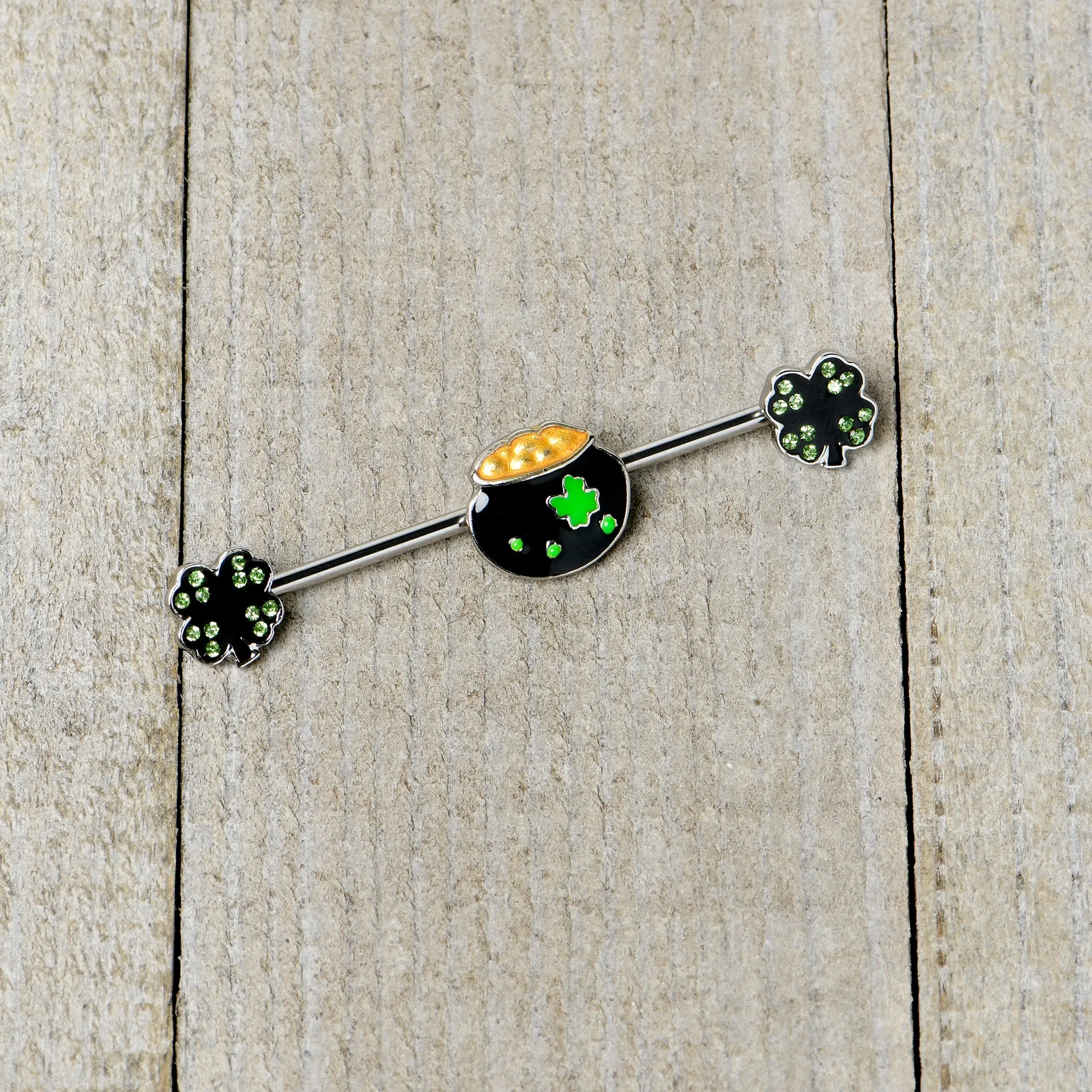 14 Gauge Green Gem Shamrock Pot of Gold Industrial Barbell 38mm