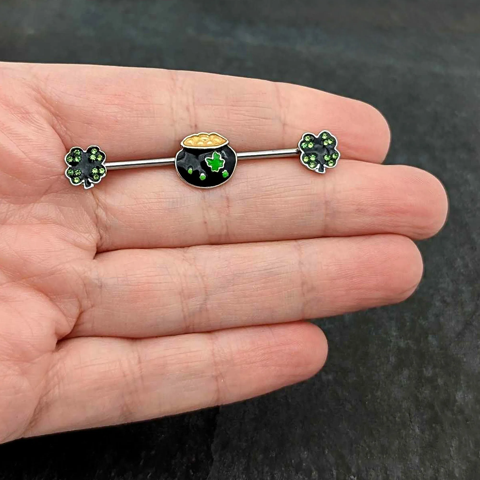 14 Gauge Green Gem Shamrock Pot of Gold Industrial Barbell 38mm