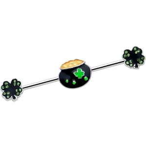 14 Gauge Green Gem Shamrock Pot of Gold Industrial Barbell 38mm