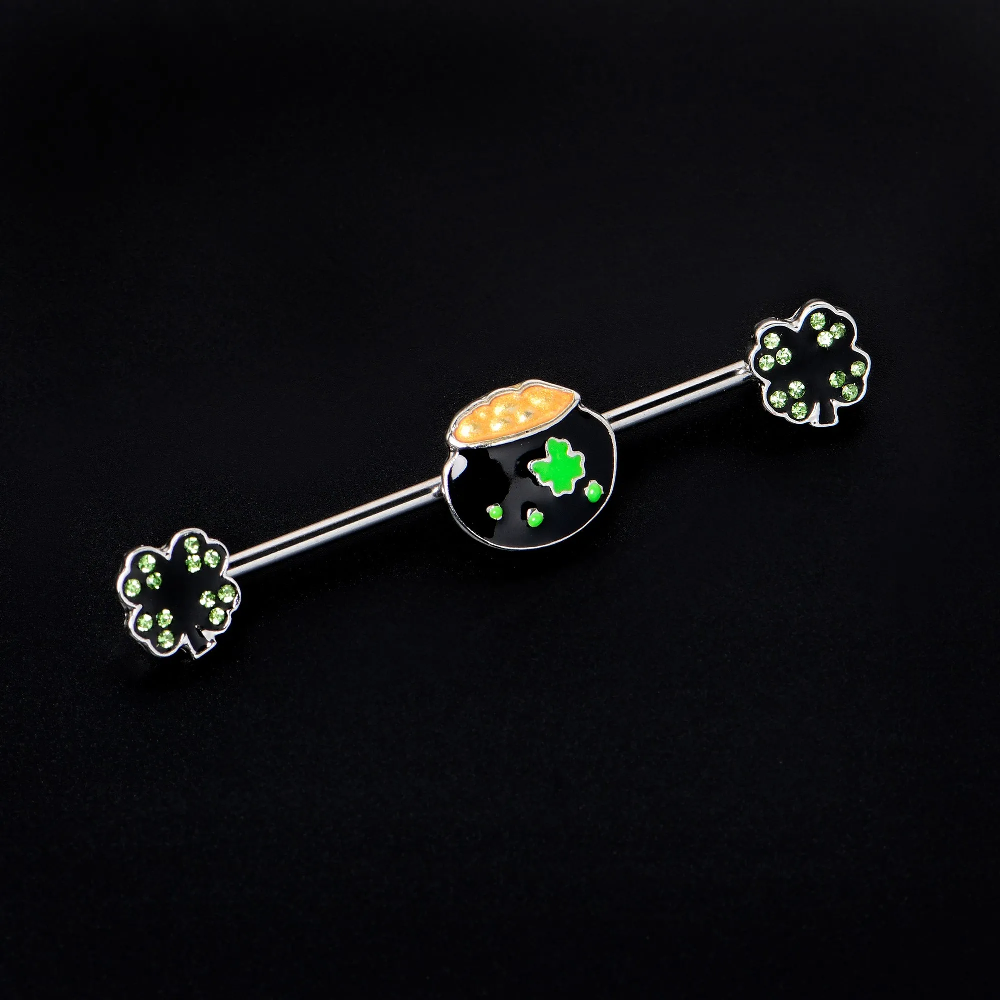14 Gauge Green Gem Shamrock Pot of Gold Industrial Barbell 38mm