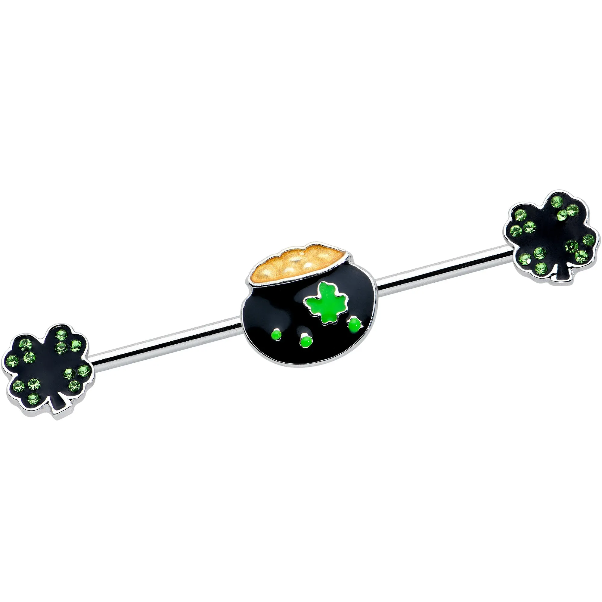 14 Gauge Green Gem Shamrock Pot of Gold Industrial Barbell 38mm