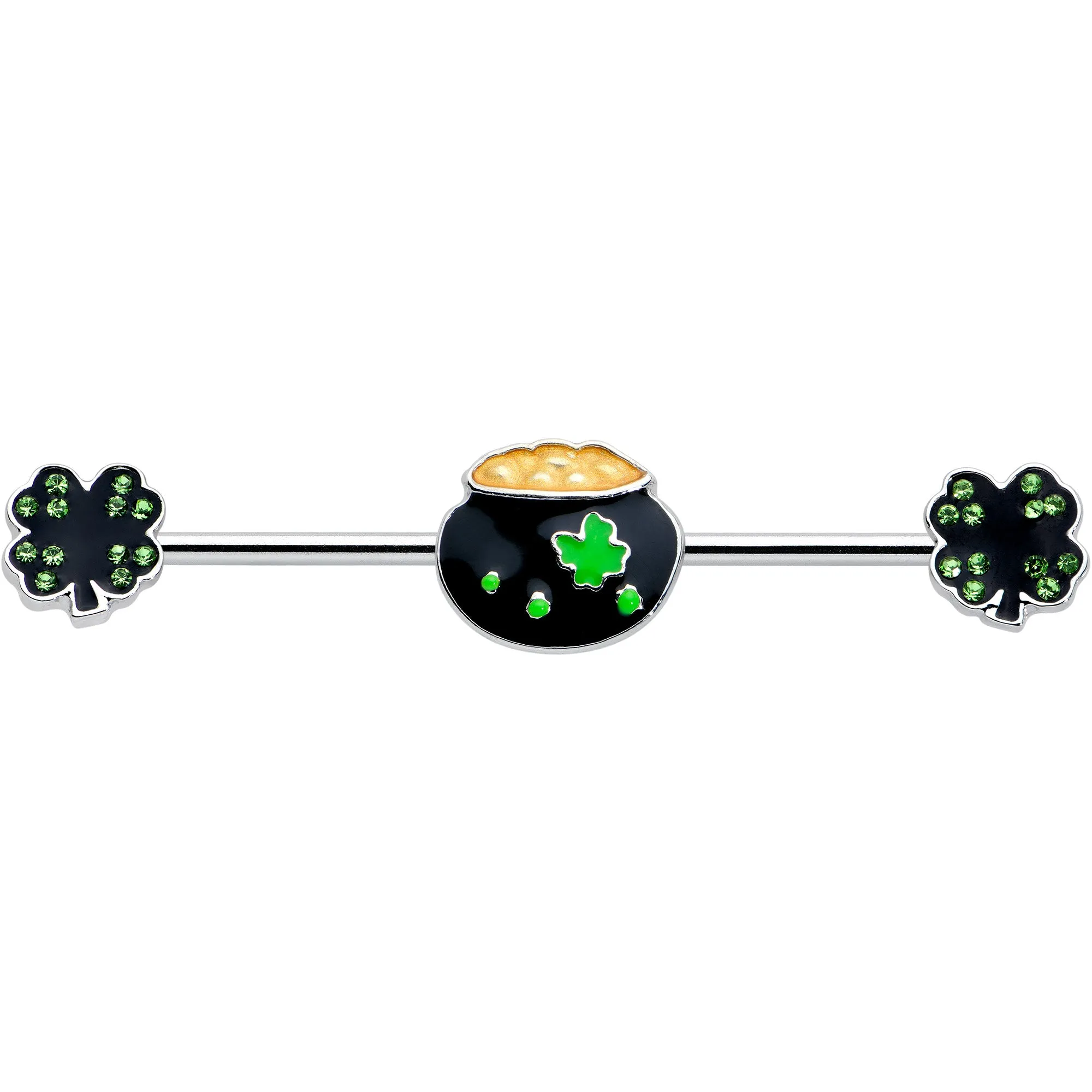 14 Gauge Green Gem Shamrock Pot of Gold Industrial Barbell 38mm
