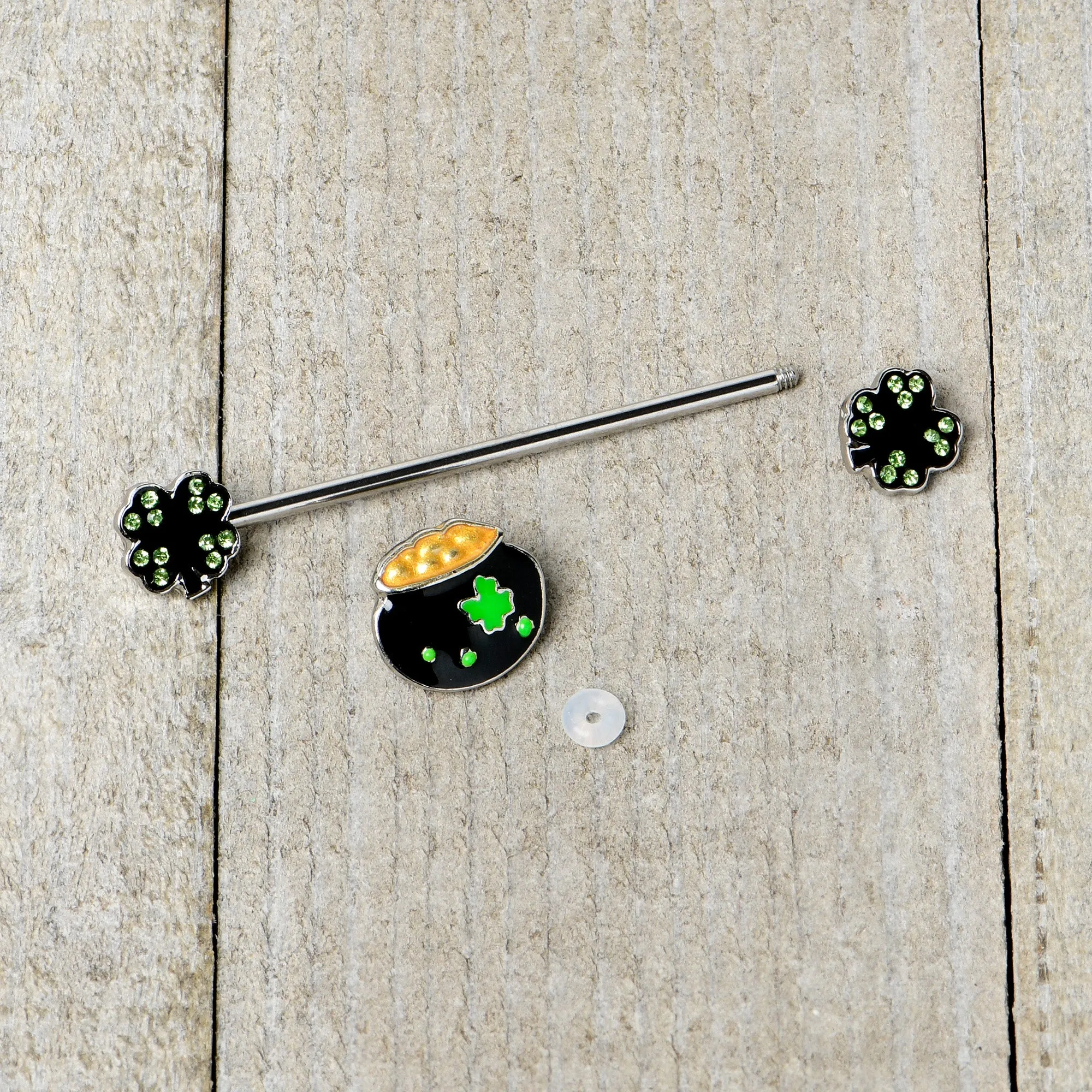 14 Gauge Green Gem Shamrock Pot of Gold Industrial Barbell 38mm