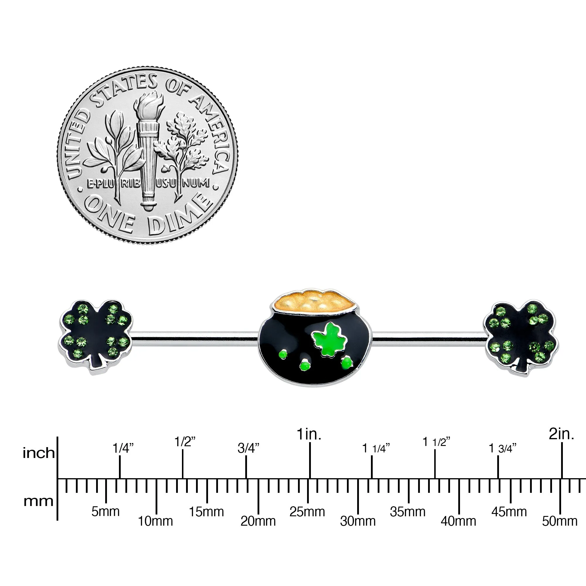 14 Gauge Green Gem Shamrock Pot of Gold Industrial Barbell 38mm