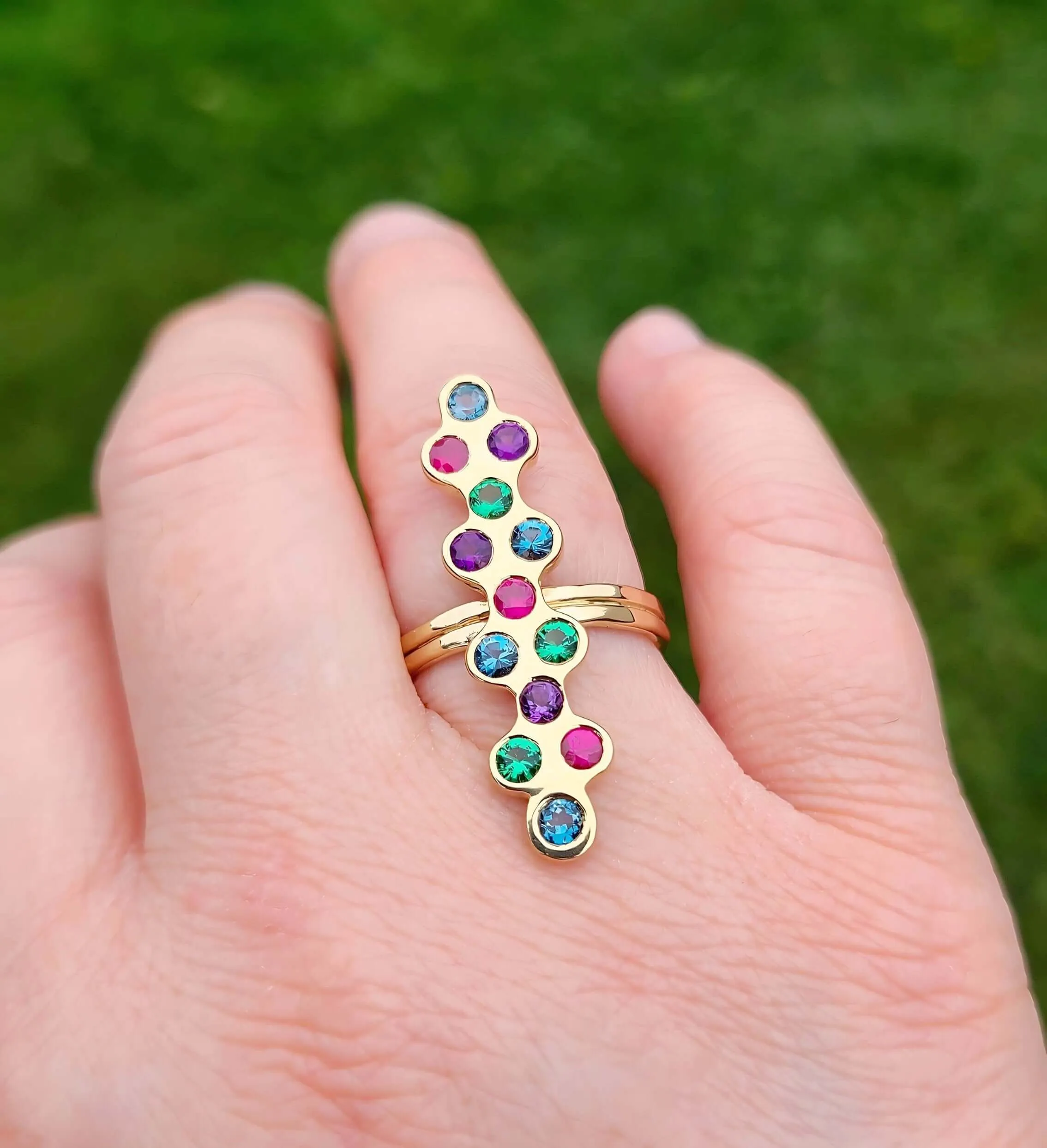 14K Chrome Diopside, Topaz, Amethyst, and Ruby Ring