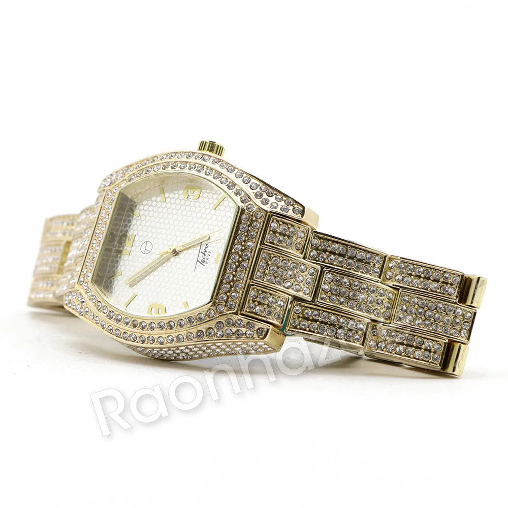 14K Gold PT Oval Shape Watch Ruby Cuban Chain Bling Bracelet Set F66G