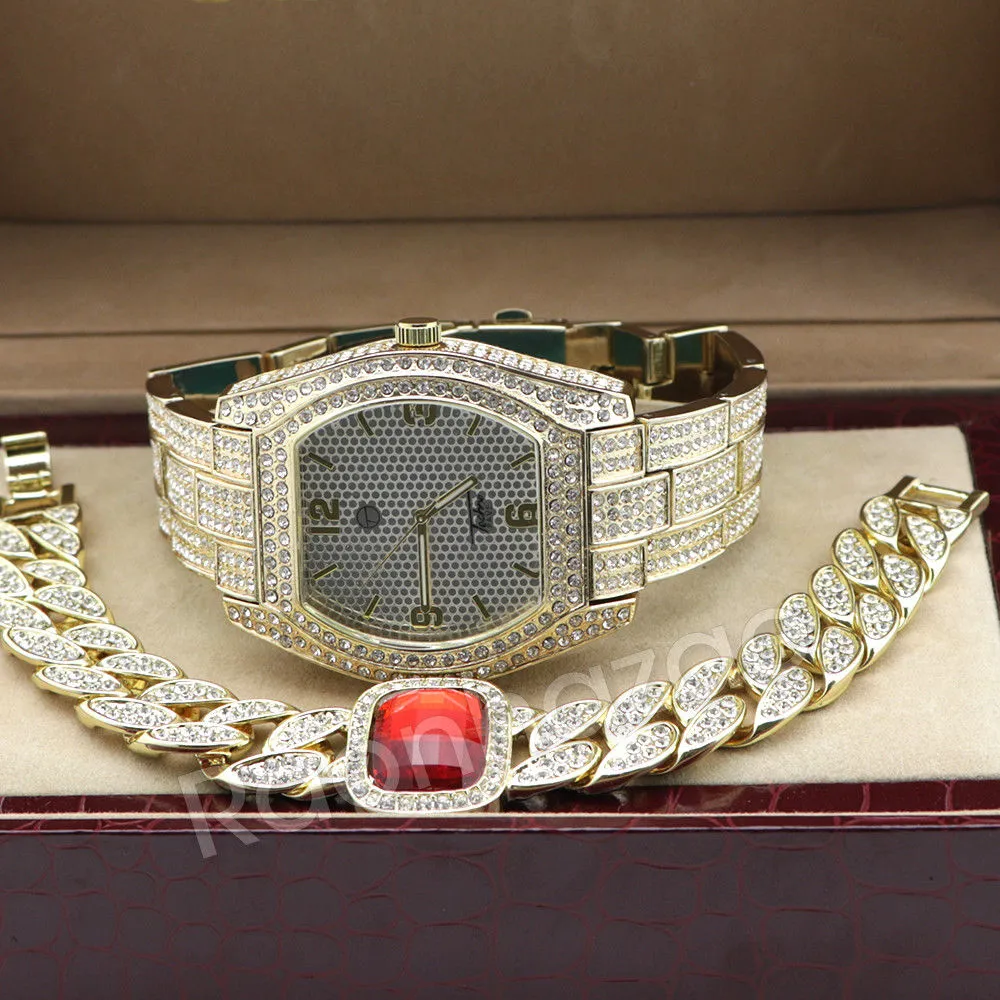 14K Gold PT Oval Shape Watch Ruby Cuban Chain Bling Bracelet Set F66G