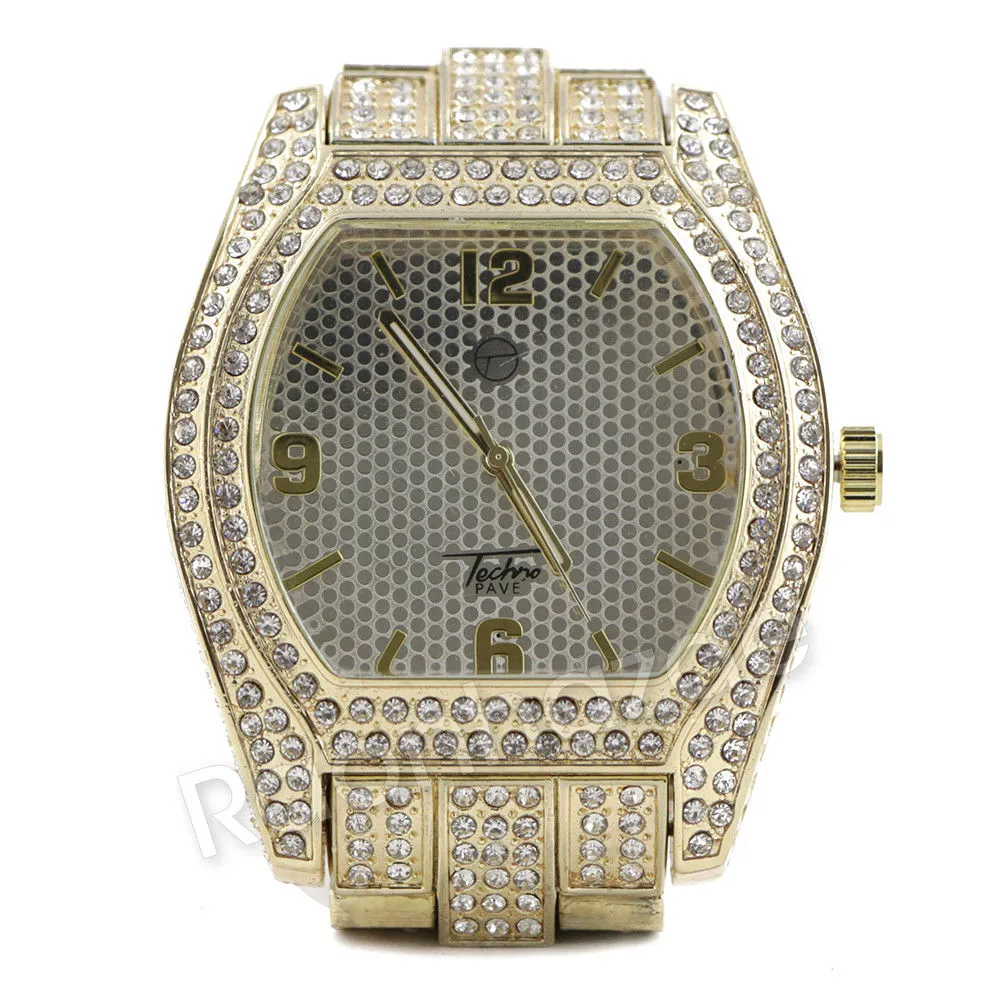 14K Gold PT Oval Shape Watch Ruby Cuban Chain Bling Bracelet Set F66G