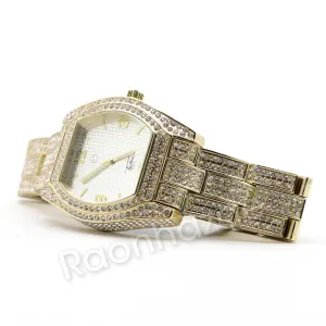 14K Gold PT Oval Shape Watch Ruby Cuban Chain Bling Bracelet Set F66G