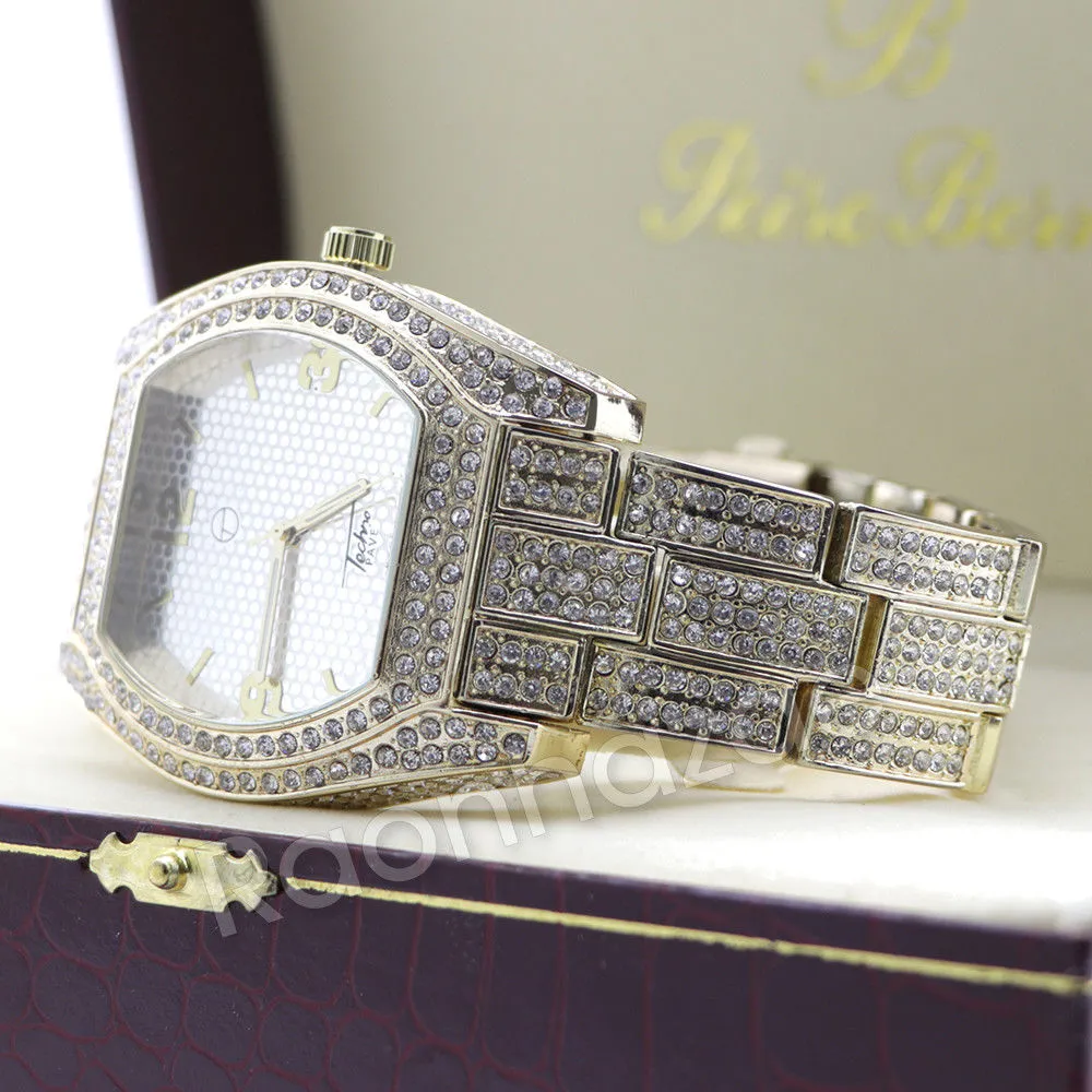 14K Gold PT Oval Shape Watch Ruby Cuban Chain Bling Bracelet Set F66G