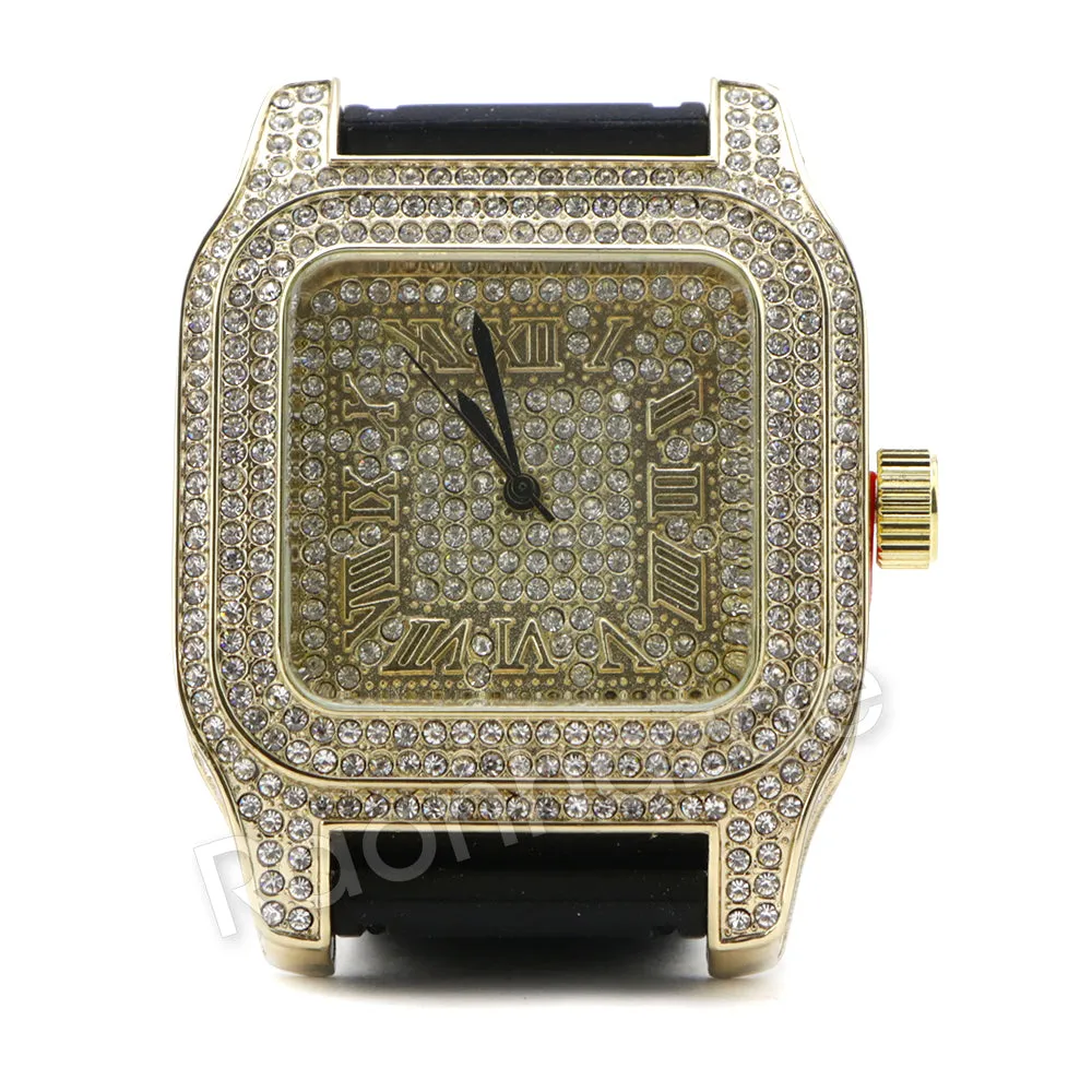 14K Gold PT Square Shape Black Band Watch Ruby Cuban Bracelet Set F67G