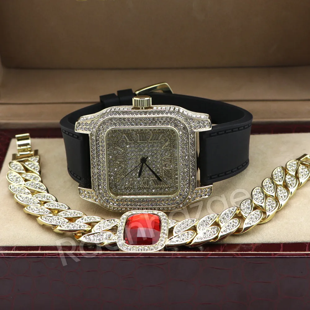 14K Gold PT Square Shape Black Band Watch Ruby Cuban Bracelet Set F67G