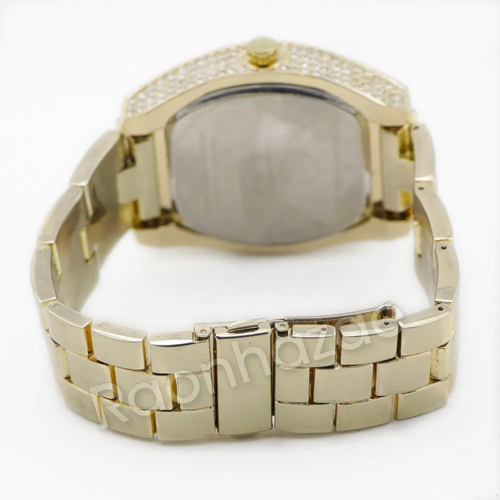 14K Gold PT Square Shape Black Band Watch Ruby Cuban Bracelet Set F67G