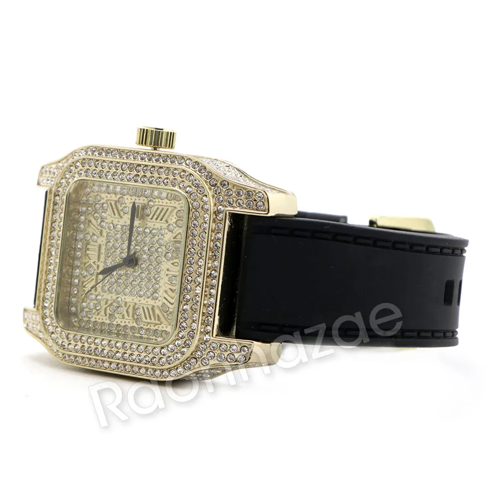 14K Gold PT Square Shape Black Band Watch Ruby Cuban Bracelet Set F67G