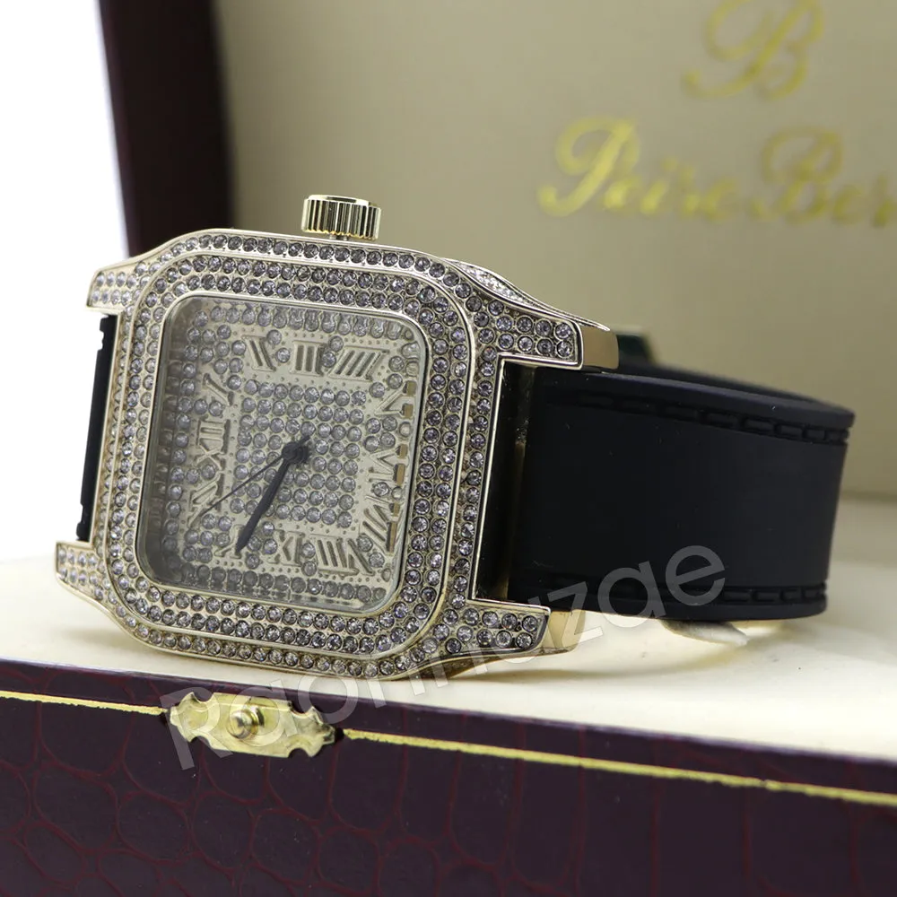 14K Gold PT Square Shape Black Band Watch Ruby Cuban Bracelet Set F67G