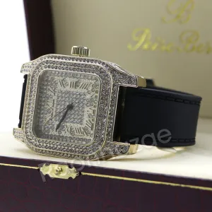 14K Gold PT Square Shape Black Band Watch Ruby Cuban Bracelet Set F67G
