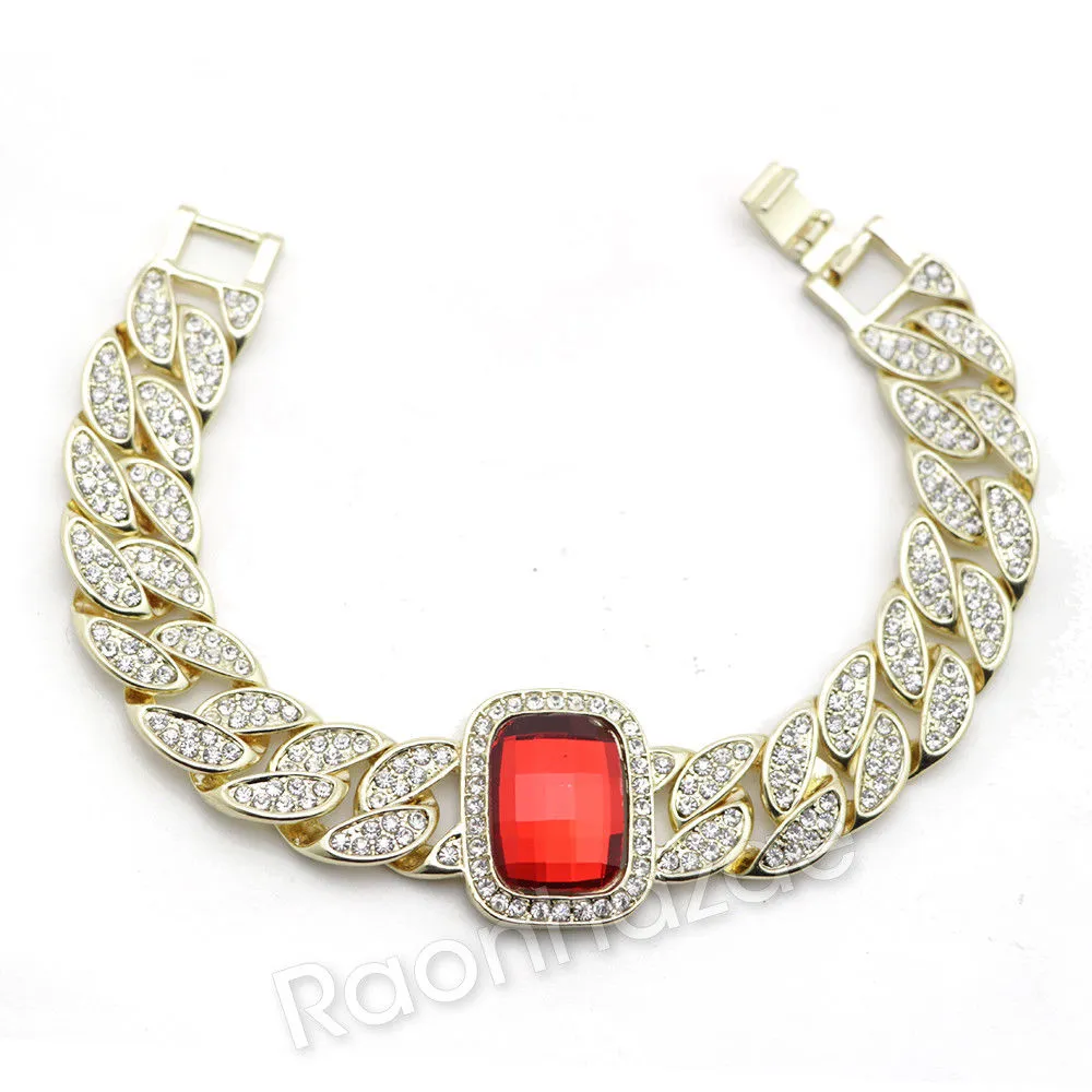 14K Gold Square Stone Bling Watch Ruby Cuban Chain Bling Bracelet Set 51