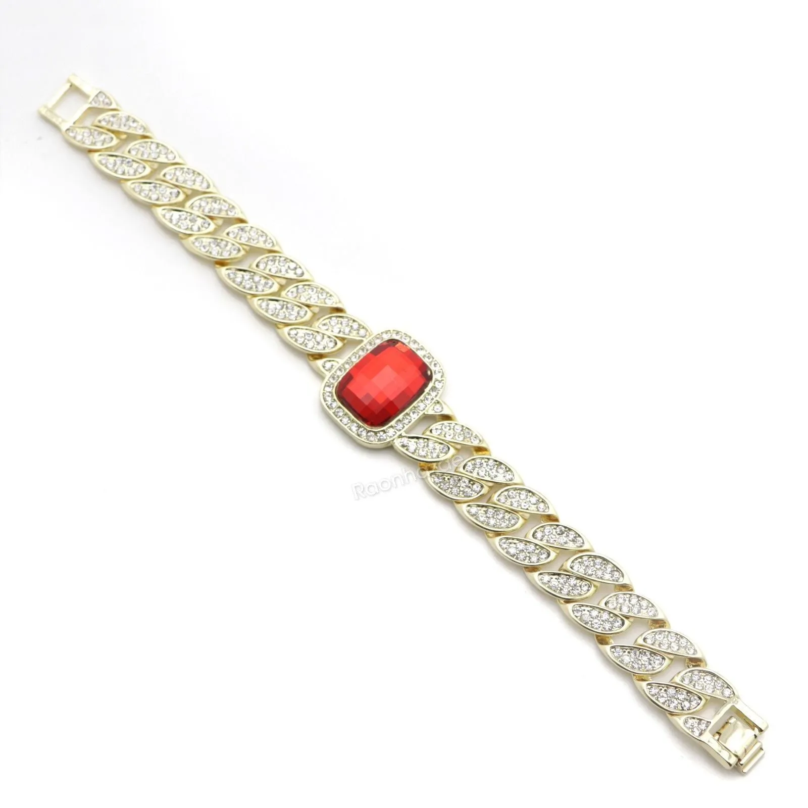 14K Gold Square Stone Bling Watch Ruby Cuban Chain Bling Bracelet Set 51