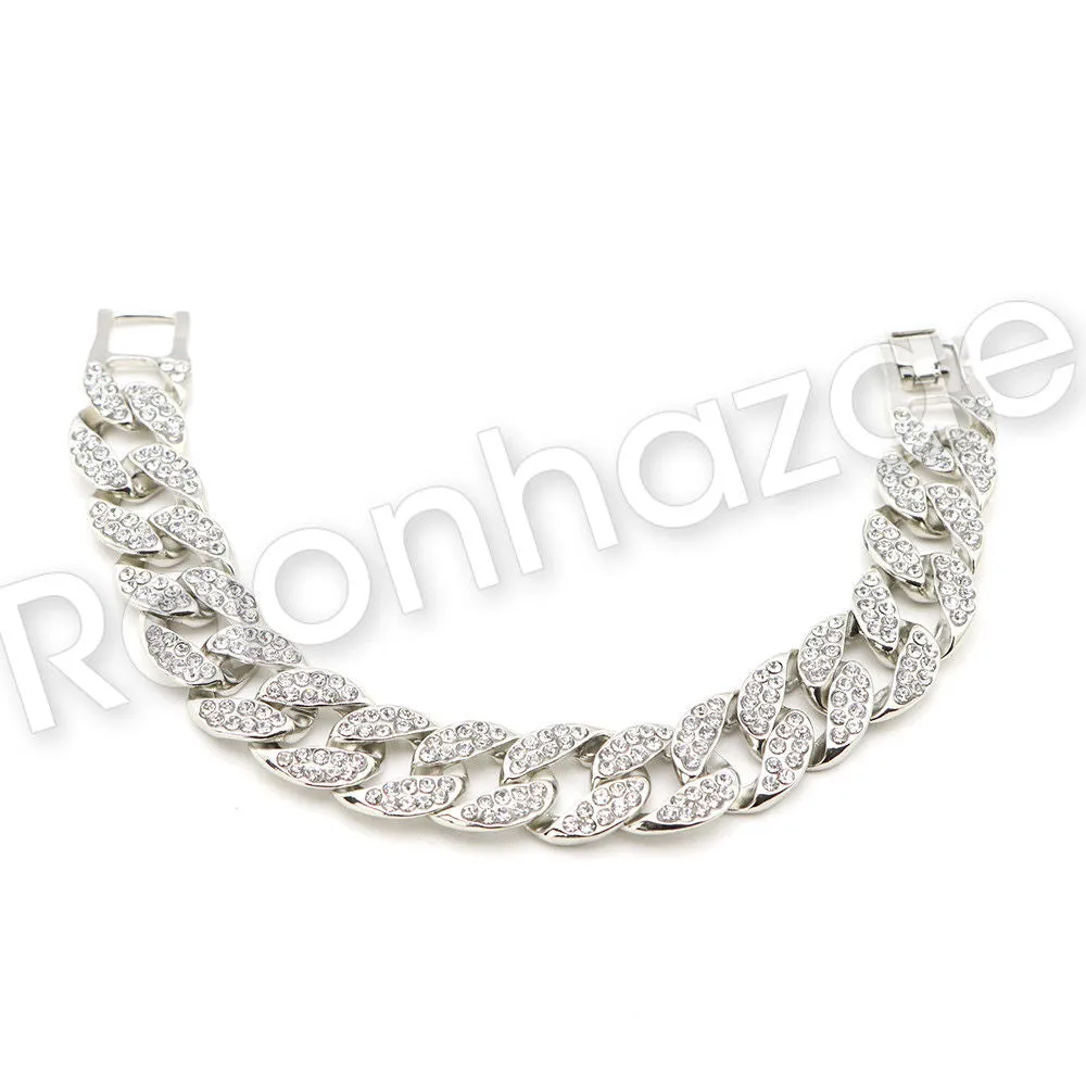 14K Gold Square Stone Bling Watch Ruby Cuban Chain Bling Bracelet Set 51