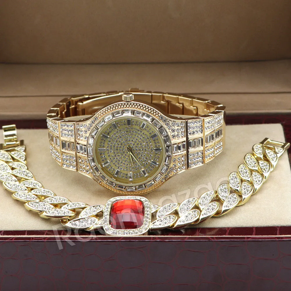 14K Gold Square Stone Bling Watch Ruby Cuban Chain Bling Bracelet Set 51