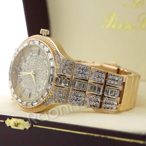 14K Gold Square Stone Bling Watch Ruby Cuban Chain Bling Bracelet Set 51